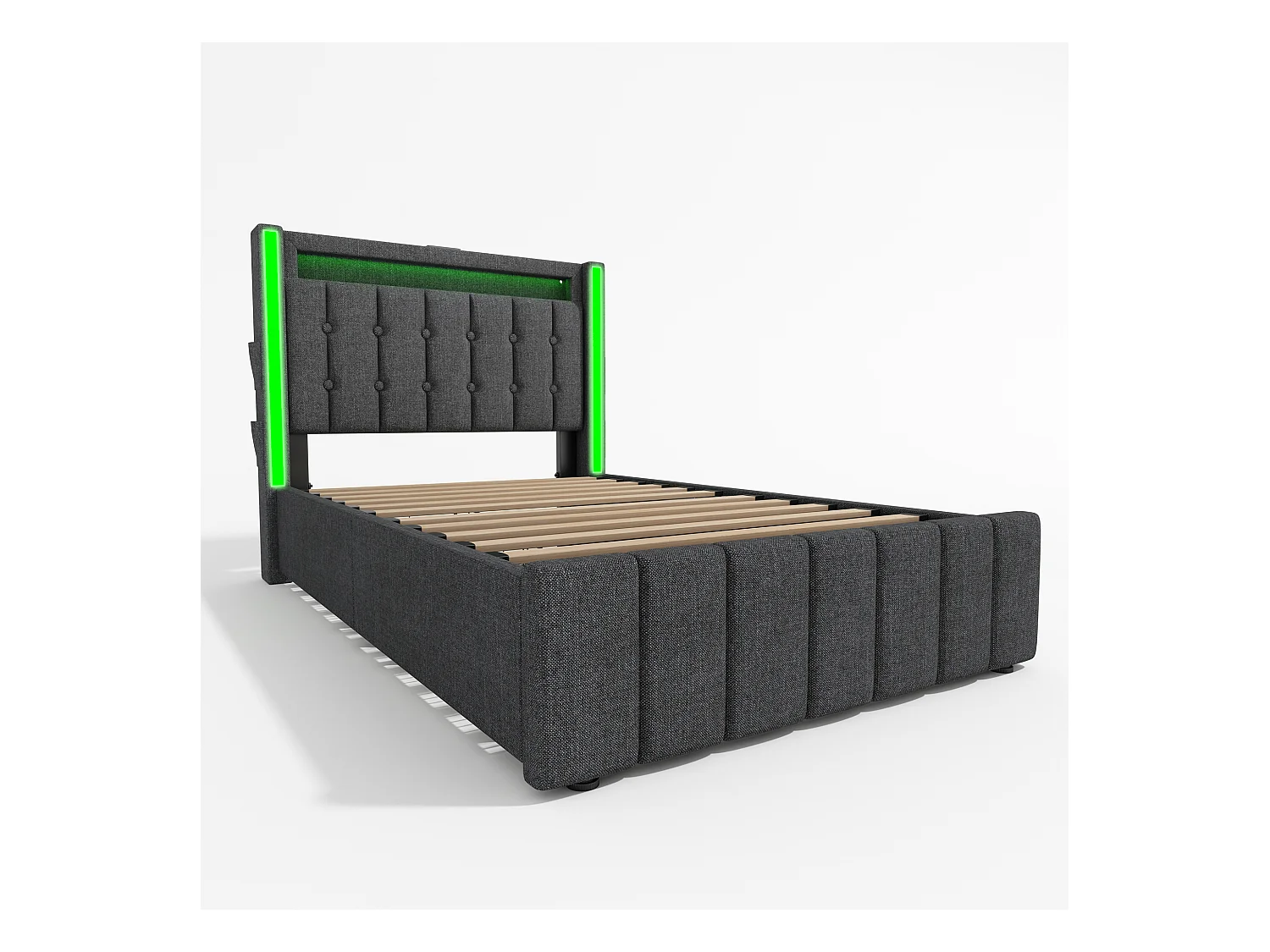 Lit simple 90x200 cm Lit jeune - Lin gris - avec chargement USB et LED - 2 tiroirs - sans matelas