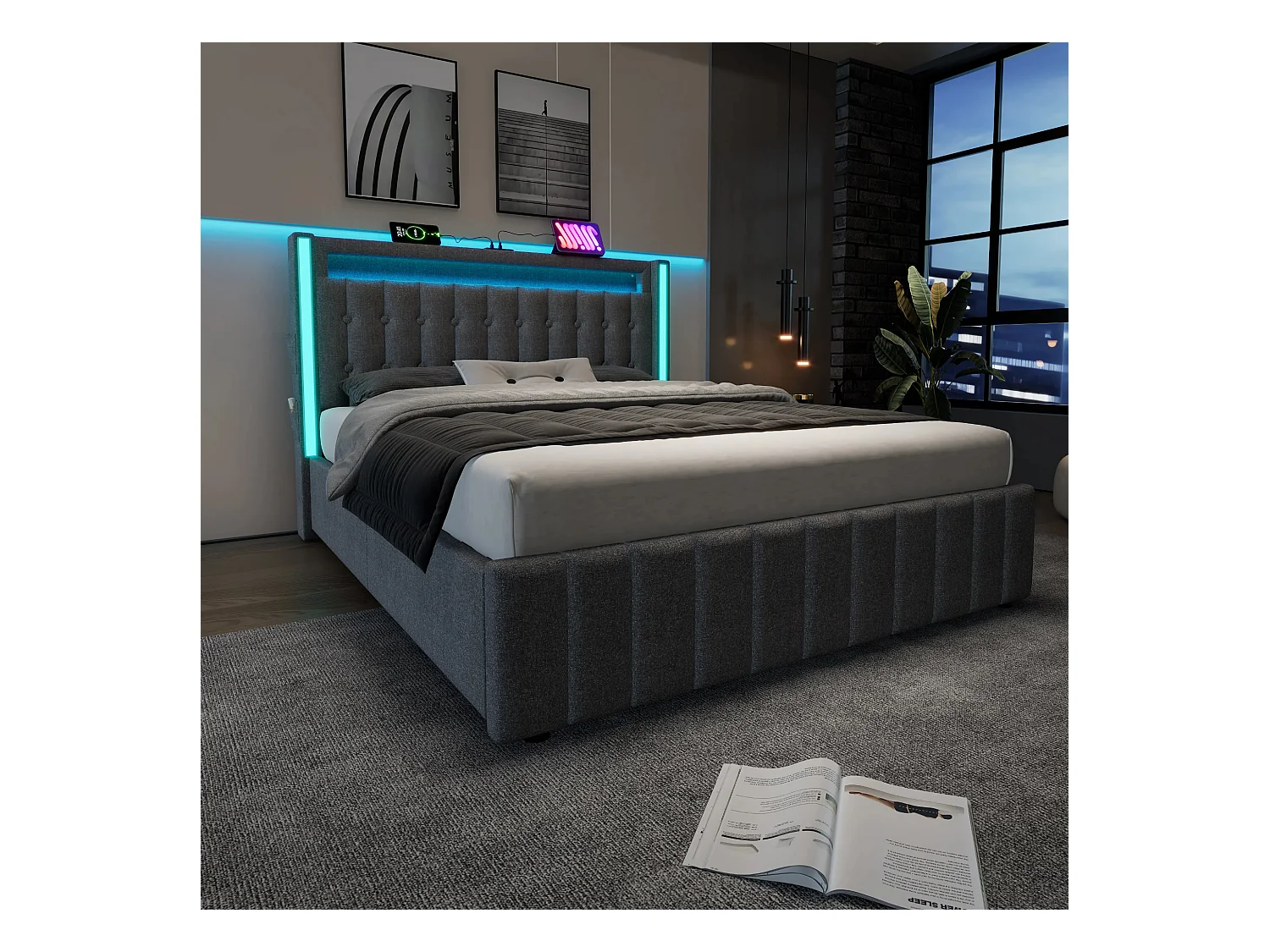 Lit double 140x200 cm - Lin gris - avec chargement USB et LED - 4 tiroirs - sans matelas