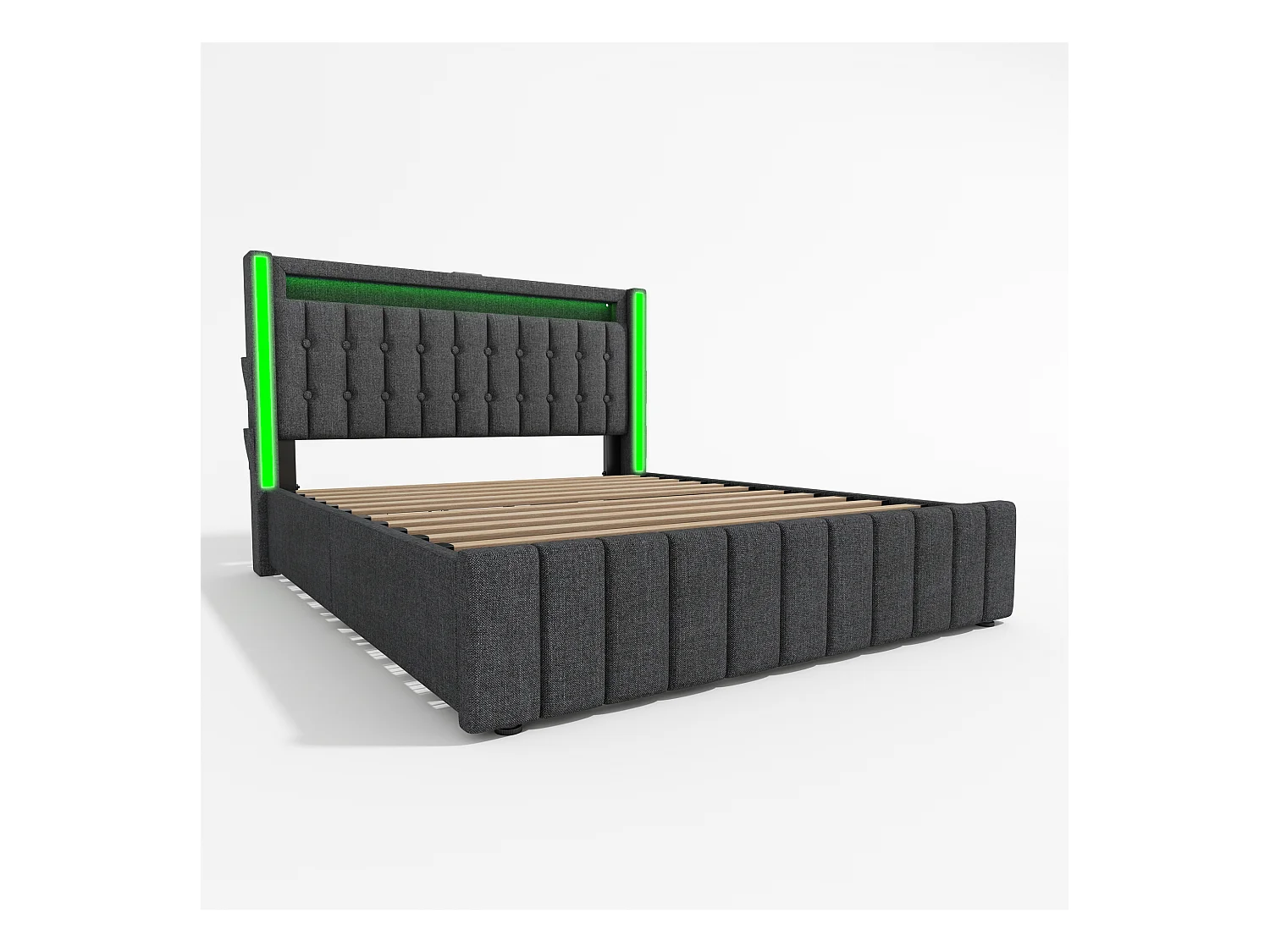 Lit double 140x200 cm - Lin gris - avec chargement USB et LED - 4 tiroirs - sans matelas