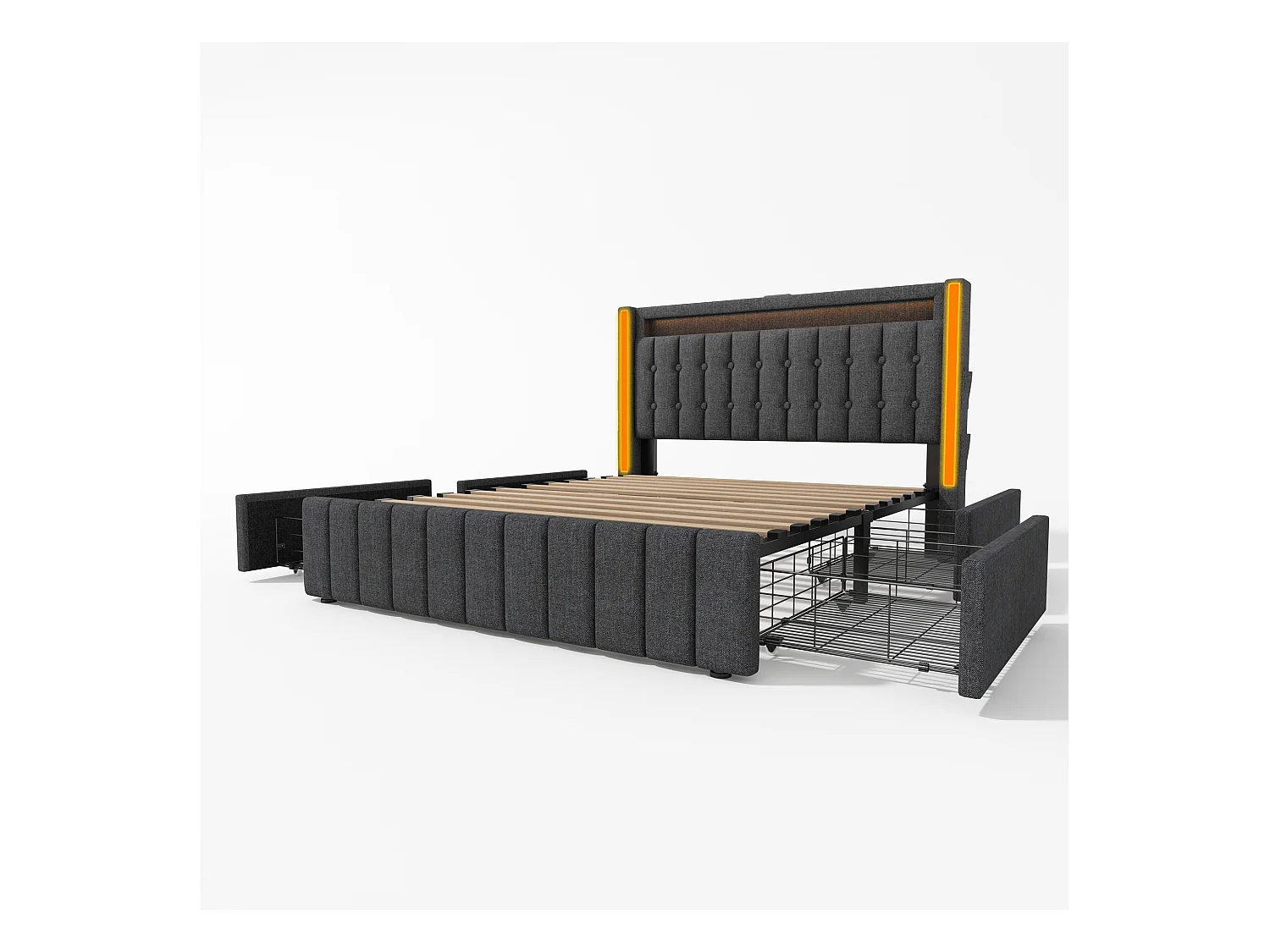 Lit double 140x200 cm - Lin gris - avec chargement USB et LED - 4 tiroirs - sans matelas