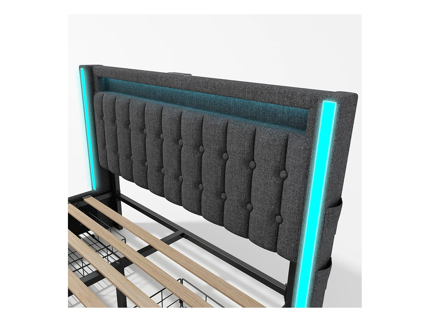 Lit double 140x200 cm - Lin gris - avec chargement USB et LED - 4 tiroirs - sans matelas