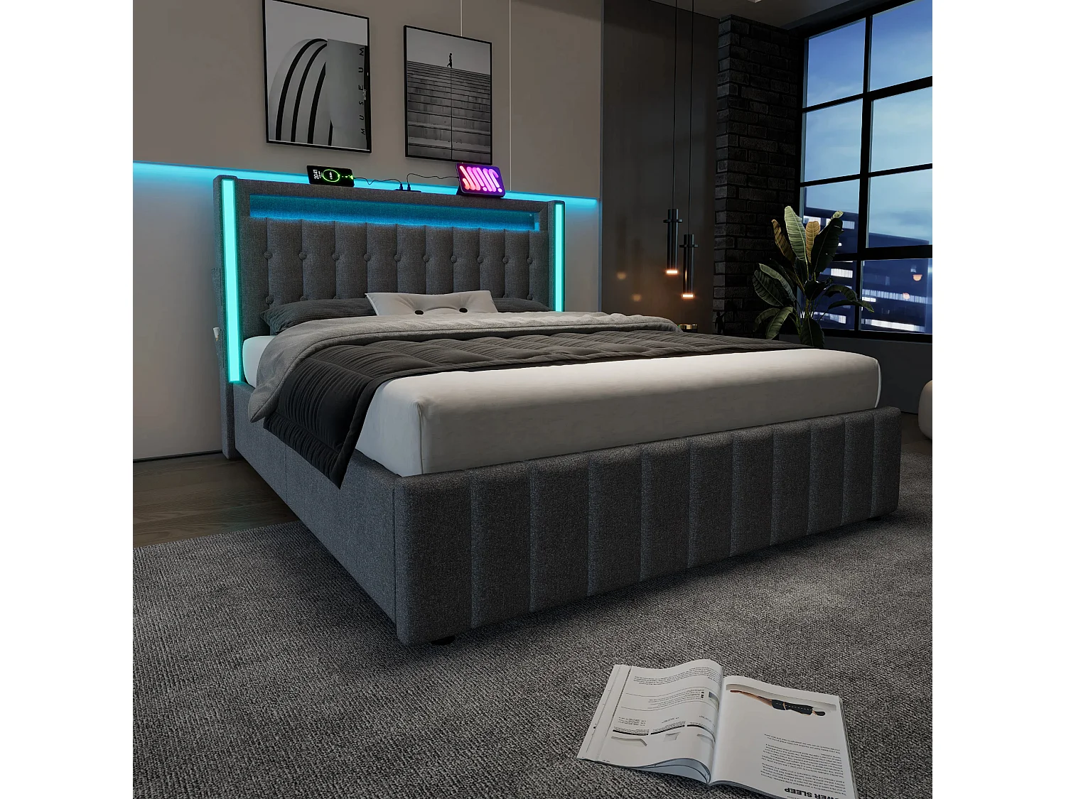 Lit double 140x200 cm - Lin gris - avec chargement USB et LED - 4 tiroirs - sans matelas