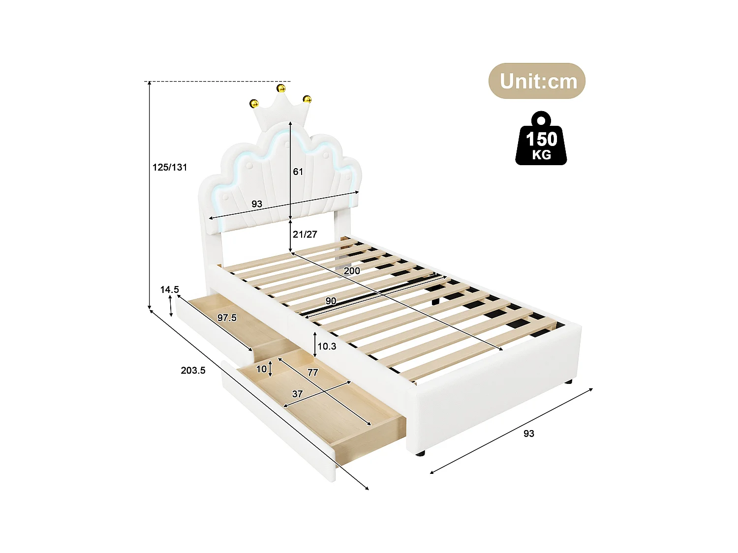 Lit enfant 90x200 cm - PU blanc - éclairage LED - Lit simple avec 2 tiroirs et tête de lit réglable