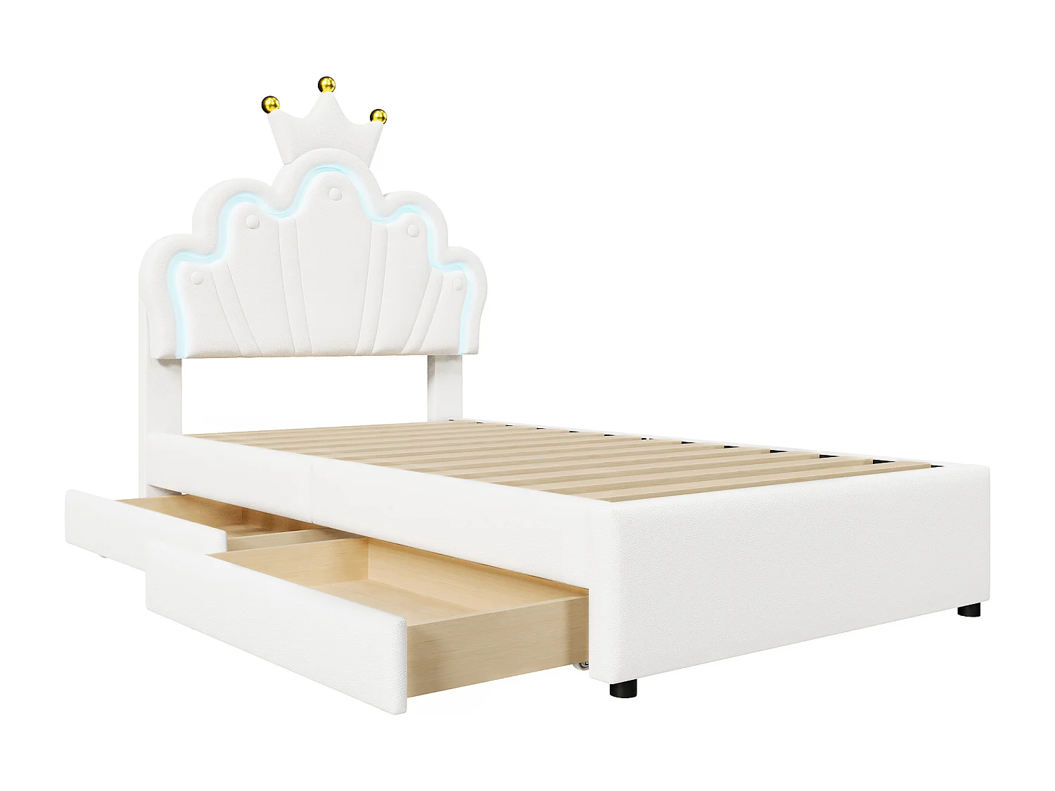 Lit enfant 90x200 cm - PU blanc - éclairage LED - Lit simple avec 2 tiroirs et tête de lit réglable