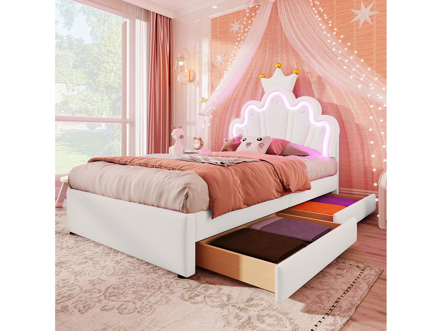 Lit enfant 90x200 cm - PU blanc - éclairage LED - Lit simple avec 2 tiroirs et tête de lit réglable