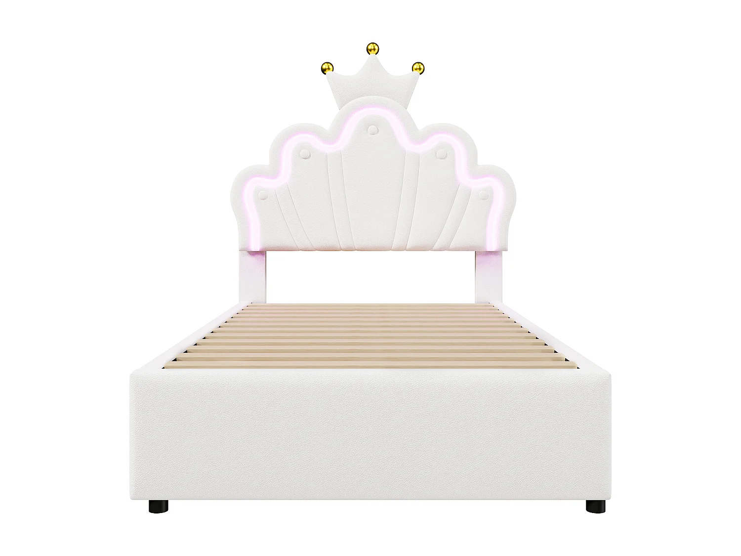 Lit enfant 90x200 cm - PU blanc - éclairage LED - Lit simple avec 2 tiroirs et tête de lit réglable