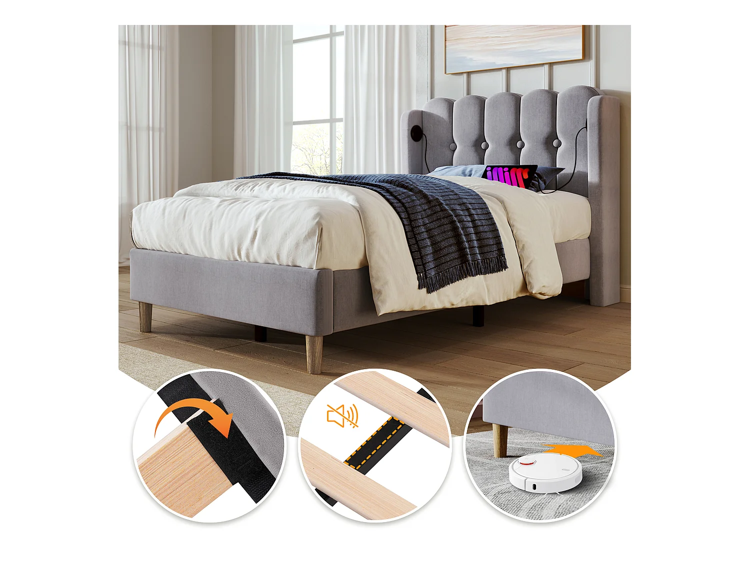 Lit simple 90x200 cm - Lit enfant avec chargement USB - lin gris - sommier à lattes en bois