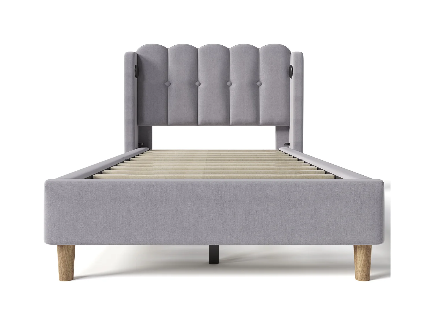 Lit simple 90x200 cm - Lit enfant avec chargement USB - lin gris - sommier à lattes en bois