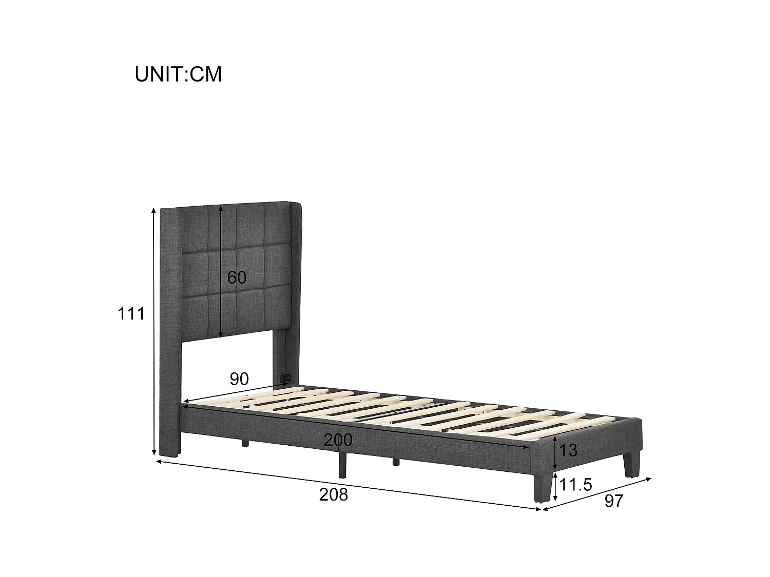 Lit ado Lit simple 90x200 cm - avec sommier à lattes en bois - lin gris - sans matelas