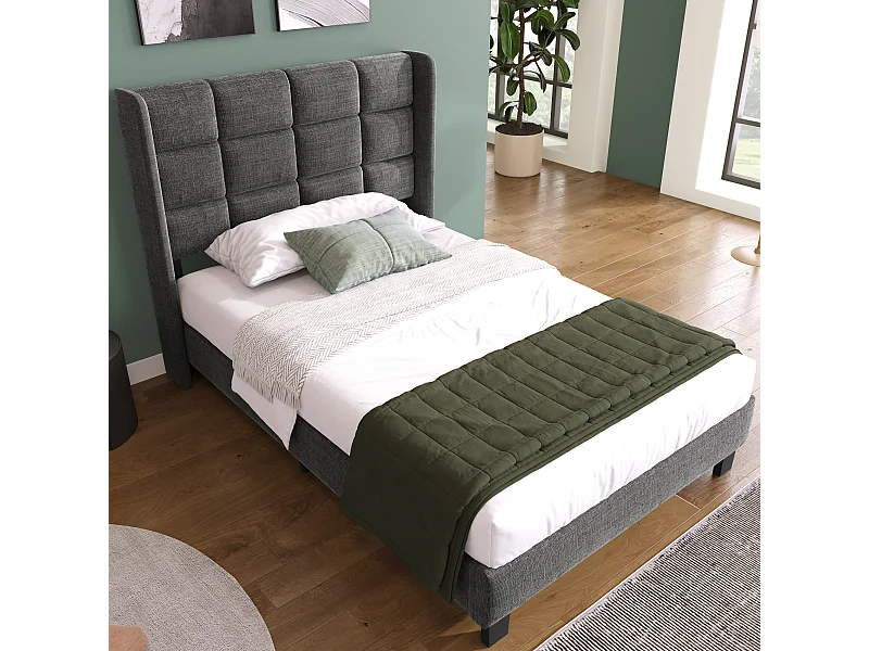 Lit ado Lit simple 90x200 cm - avec sommier à lattes en bois - lin gris - sans matelas