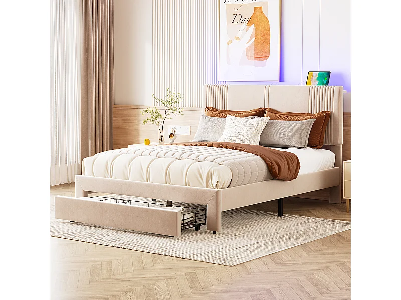 Lit double 140x200 cm - velours beige - lit adulte avec port USB et bande lumineuse - tiroir de rangement