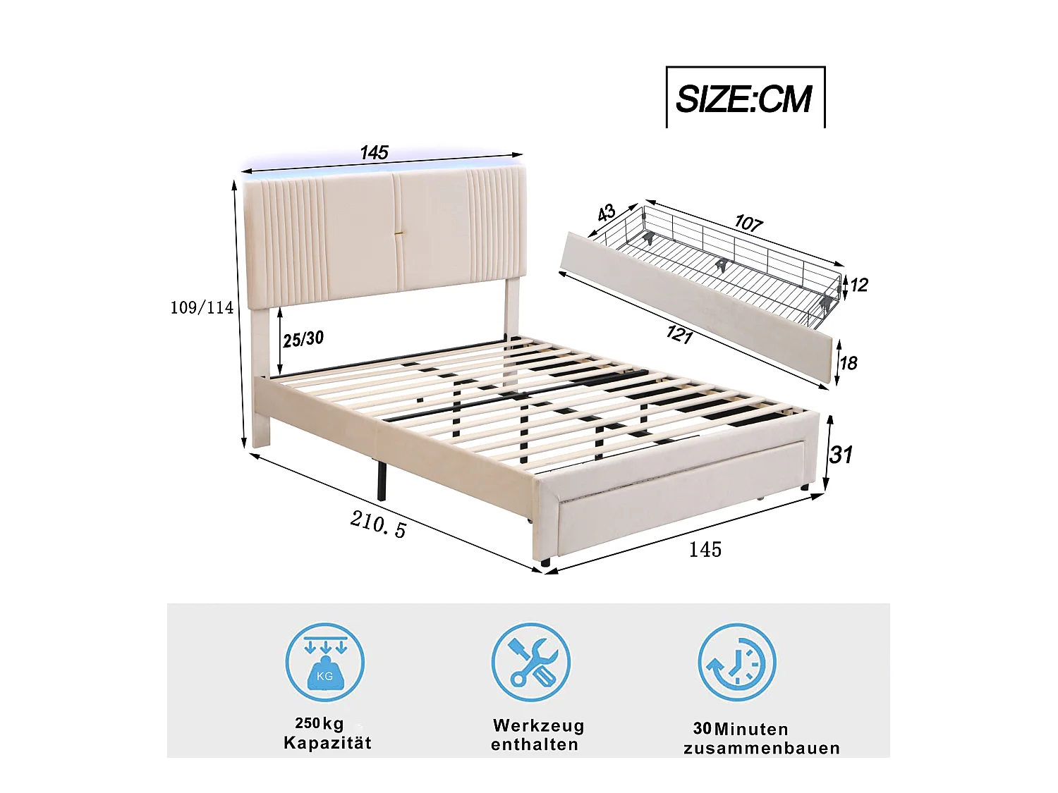 Lit double 140x200 cm - velours beige - lit adulte avec port USB et bande lumineuse - tiroir de rangement