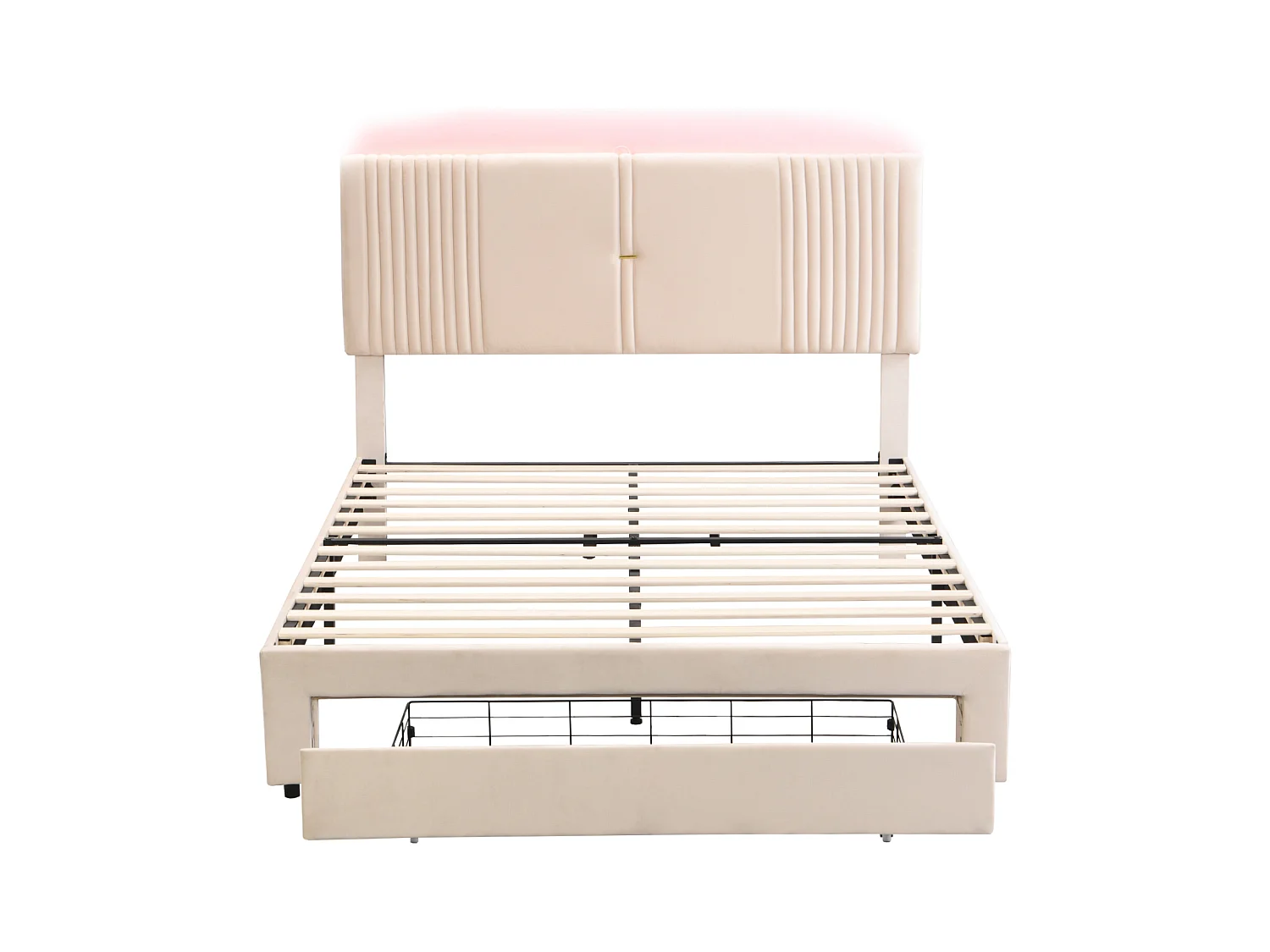 Lit double 140x200 cm - velours beige - lit adulte avec port USB et bande lumineuse - tiroir de rangement