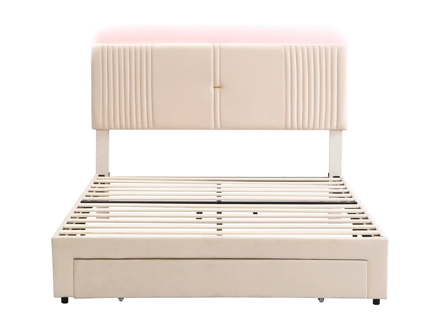 Lit double 140x200 cm - velours beige - lit adulte avec port USB et bande lumineuse - tiroir de rangement