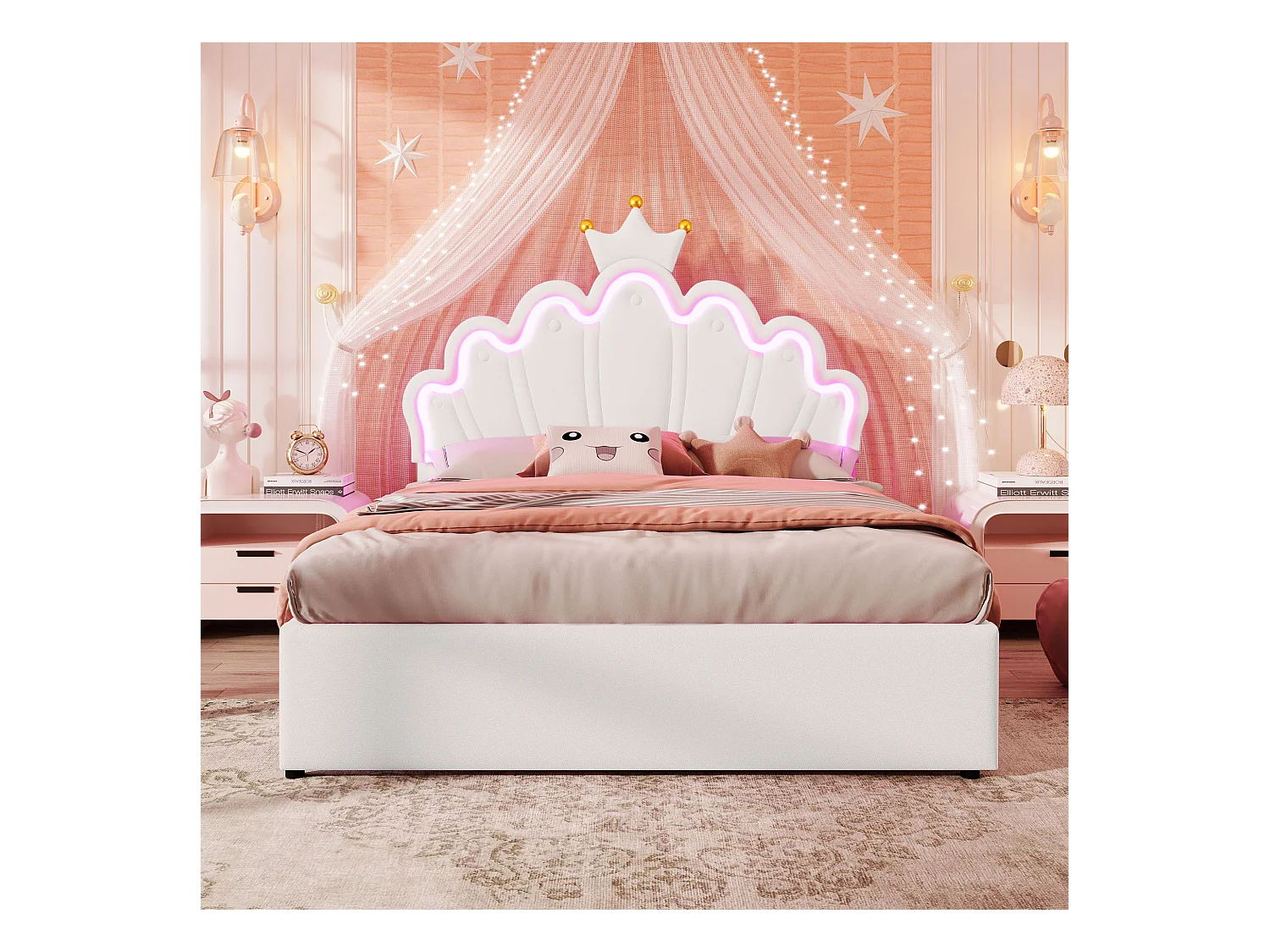 Lit double 140x200 cm - PU blanc - éclairage LED - Lit adulte avec 2 tiroirs et tête de lit réglable