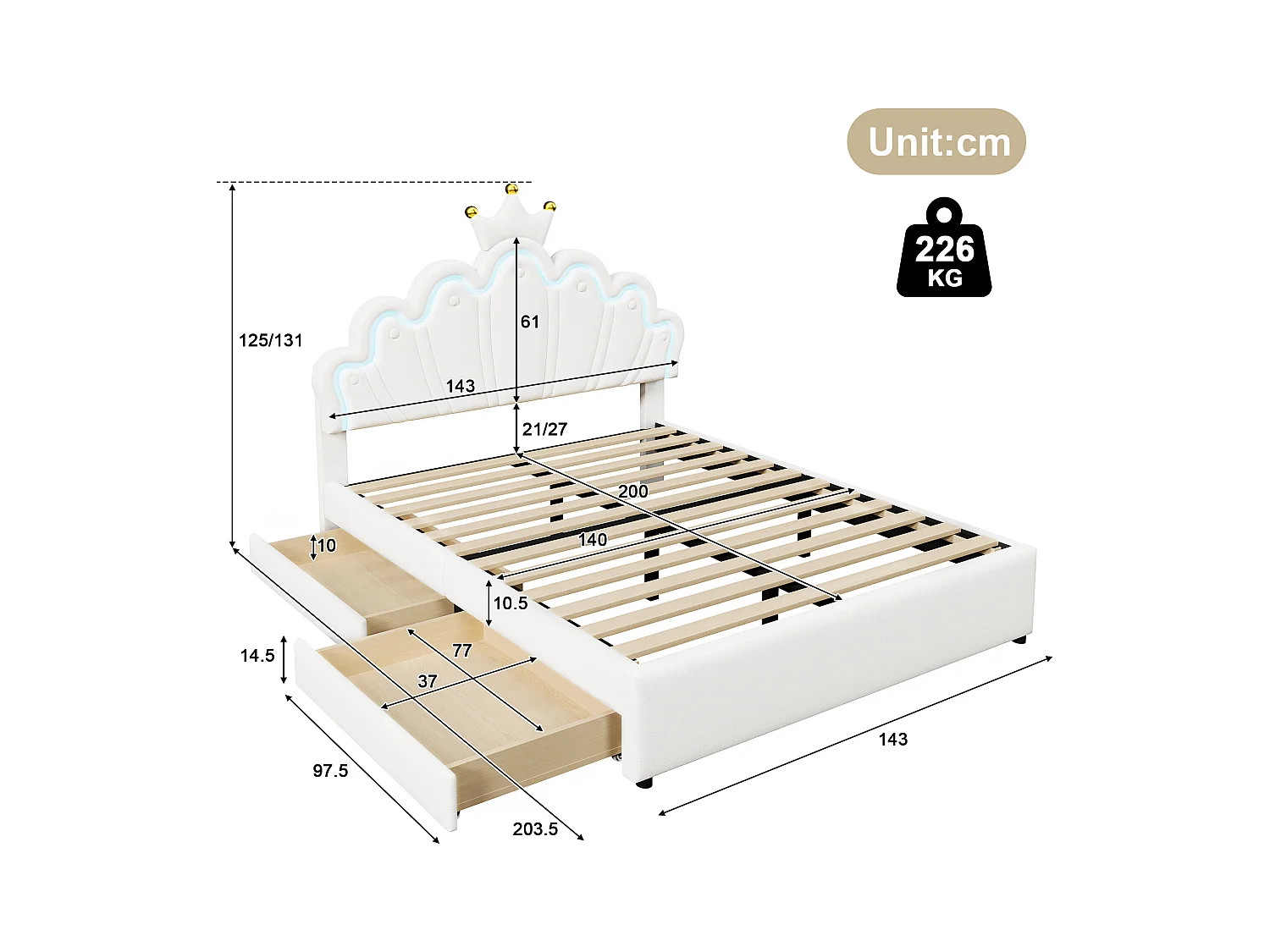 Lit double 140x200 cm - PU blanc - éclairage LED - Lit adulte avec 2 tiroirs et tête de lit réglable