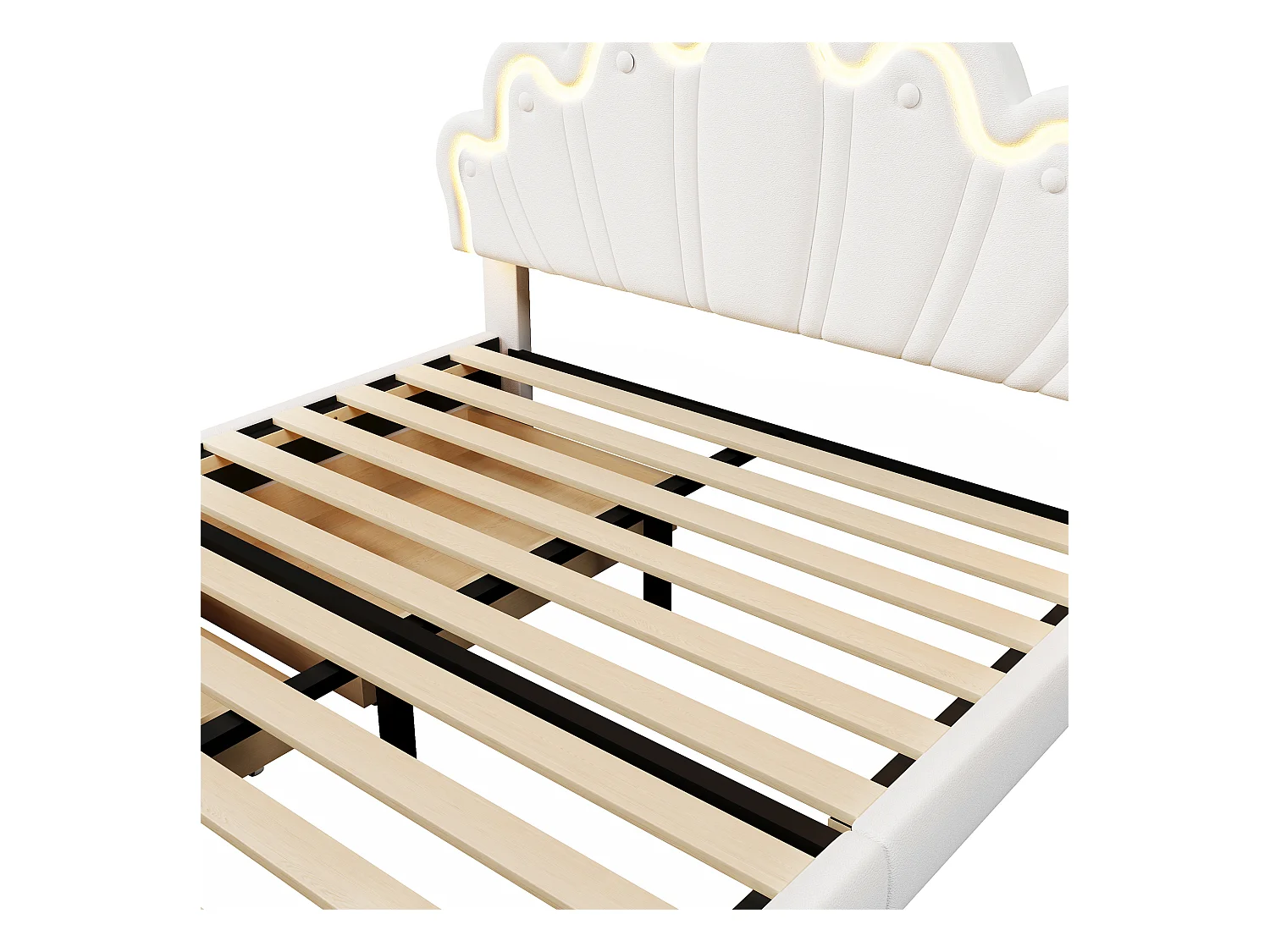 Lit double 140x200 cm - PU blanc - éclairage LED - Lit adulte avec 2 tiroirs et tête de lit réglable