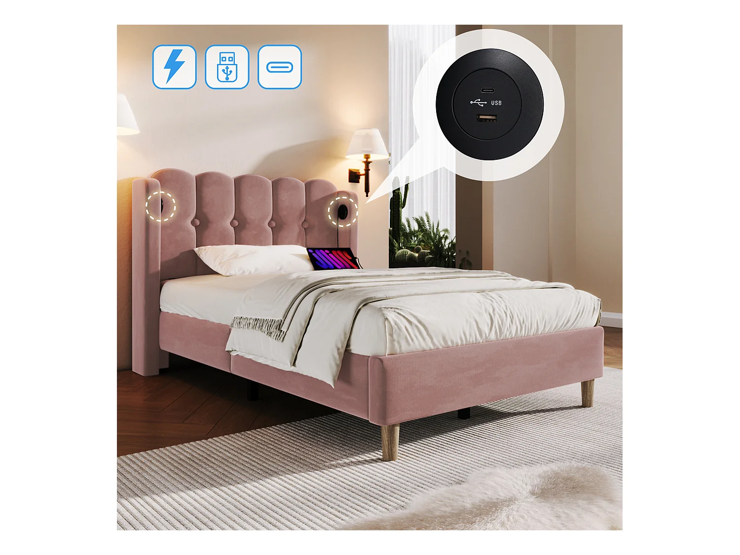 Lit simple 90x200 cm -  Lit enfant avec recharge USB - sommier à lattes en bois - velours rose