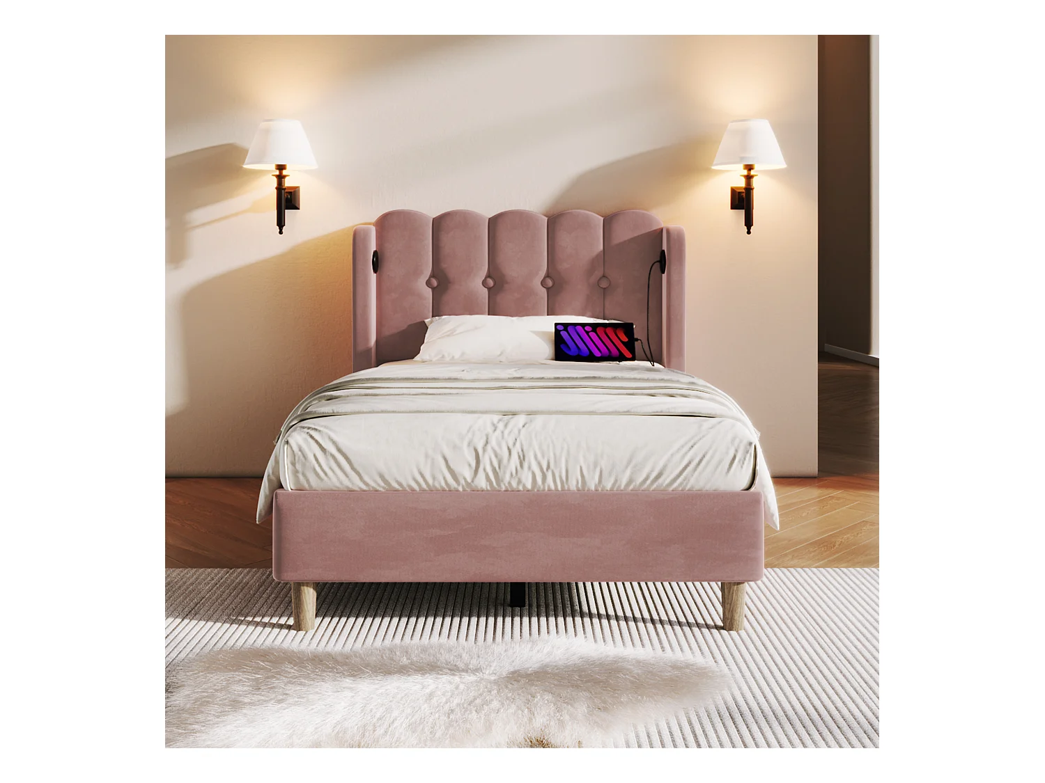 Lit simple 90x200 cm -  Lit enfant avec recharge USB - sommier à lattes en bois - velours rose