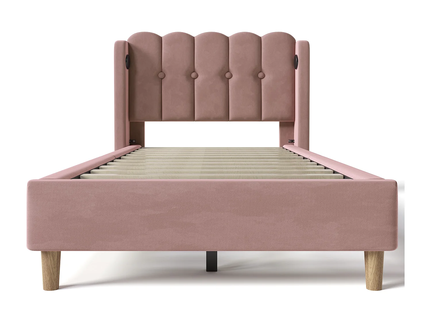 Lit simple 90x200 cm -  Lit enfant avec recharge USB - sommier à lattes en bois - velours rose