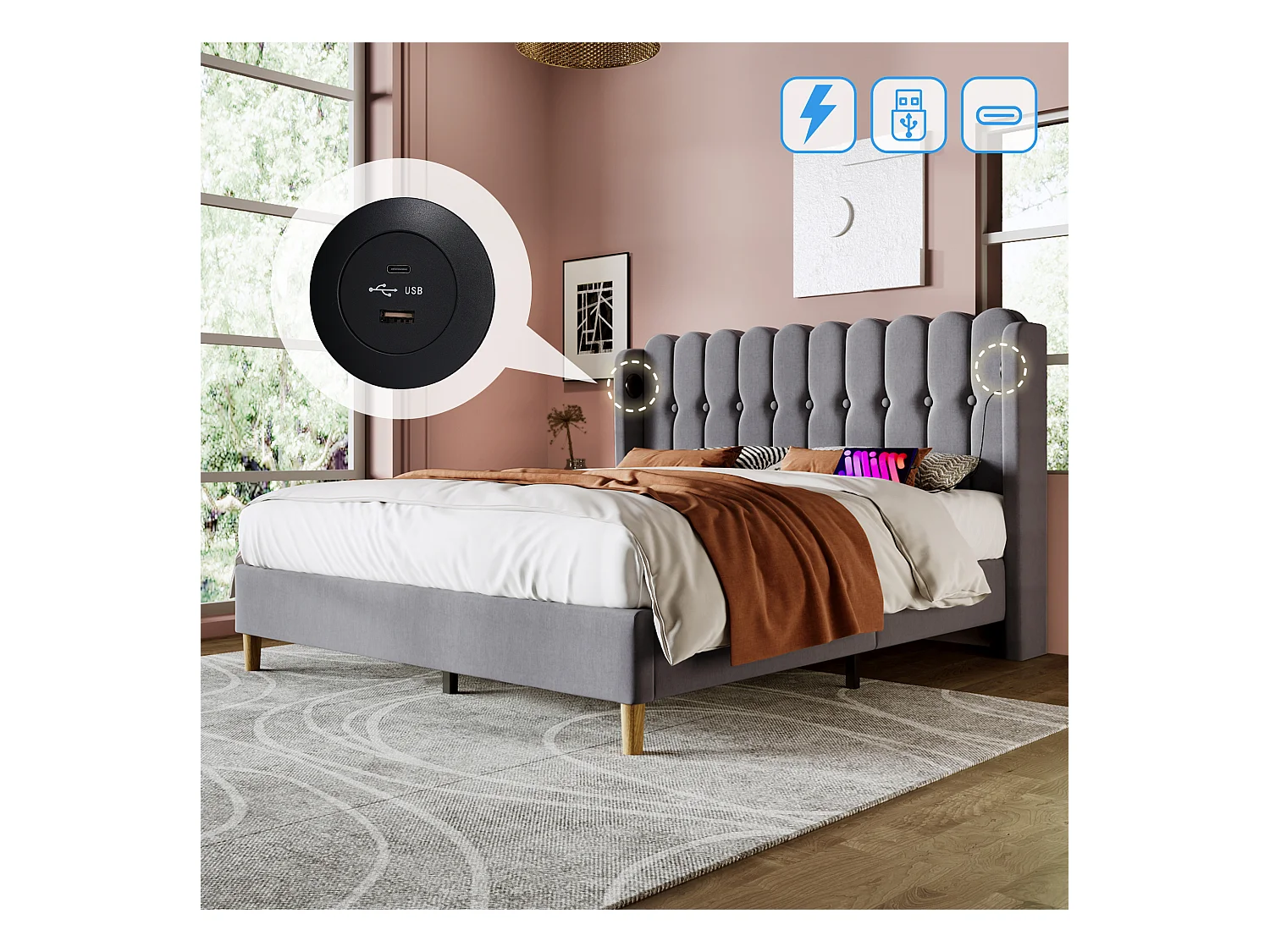 Lit adulte 160x200 cm - Lit double avec chargement USB  - lin gris - sommier à lattes en bois