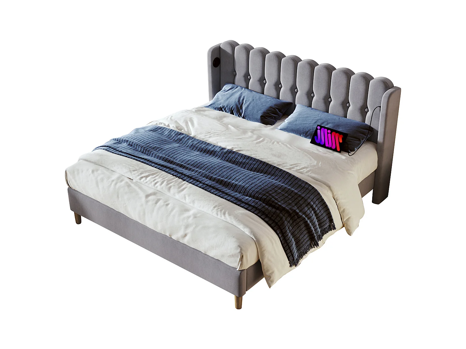 Lit adulte 160x200 cm - Lit double avec chargement USB  - lin gris - sommier à lattes en bois