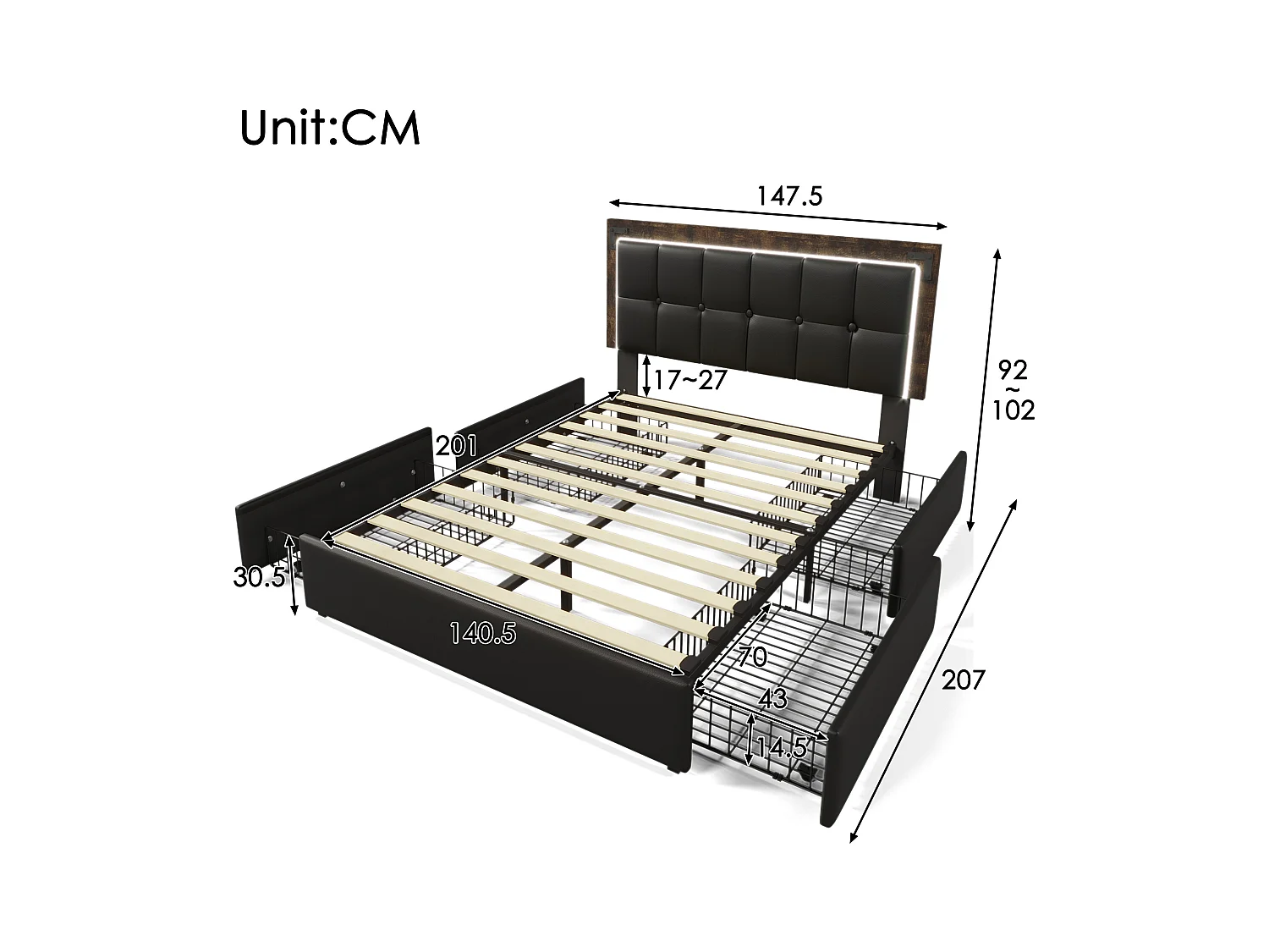 Lit double 140x200 cm - PU noir - Lit adulte avec LED et 4 tiroirs - tête de lit réglable - sans matelas