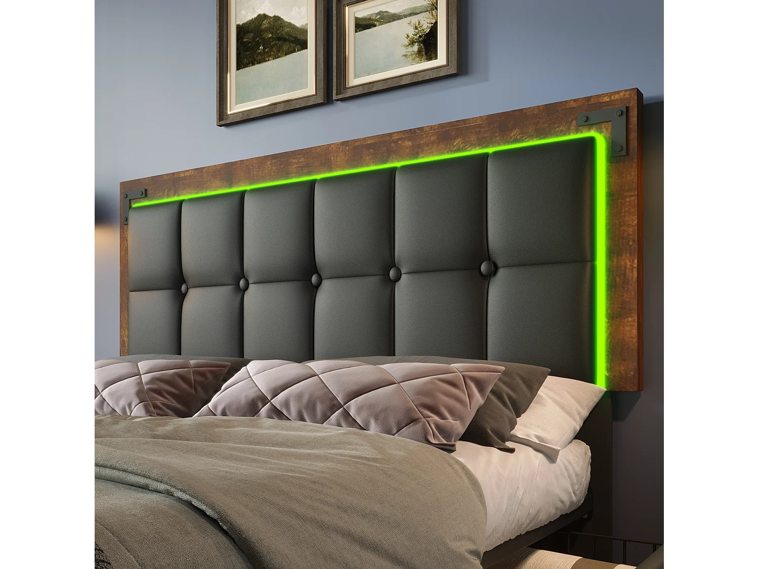 Lit double 140x200 cm - PU noir - Lit adulte avec LED et 4 tiroirs - tête de lit réglable - sans matelas