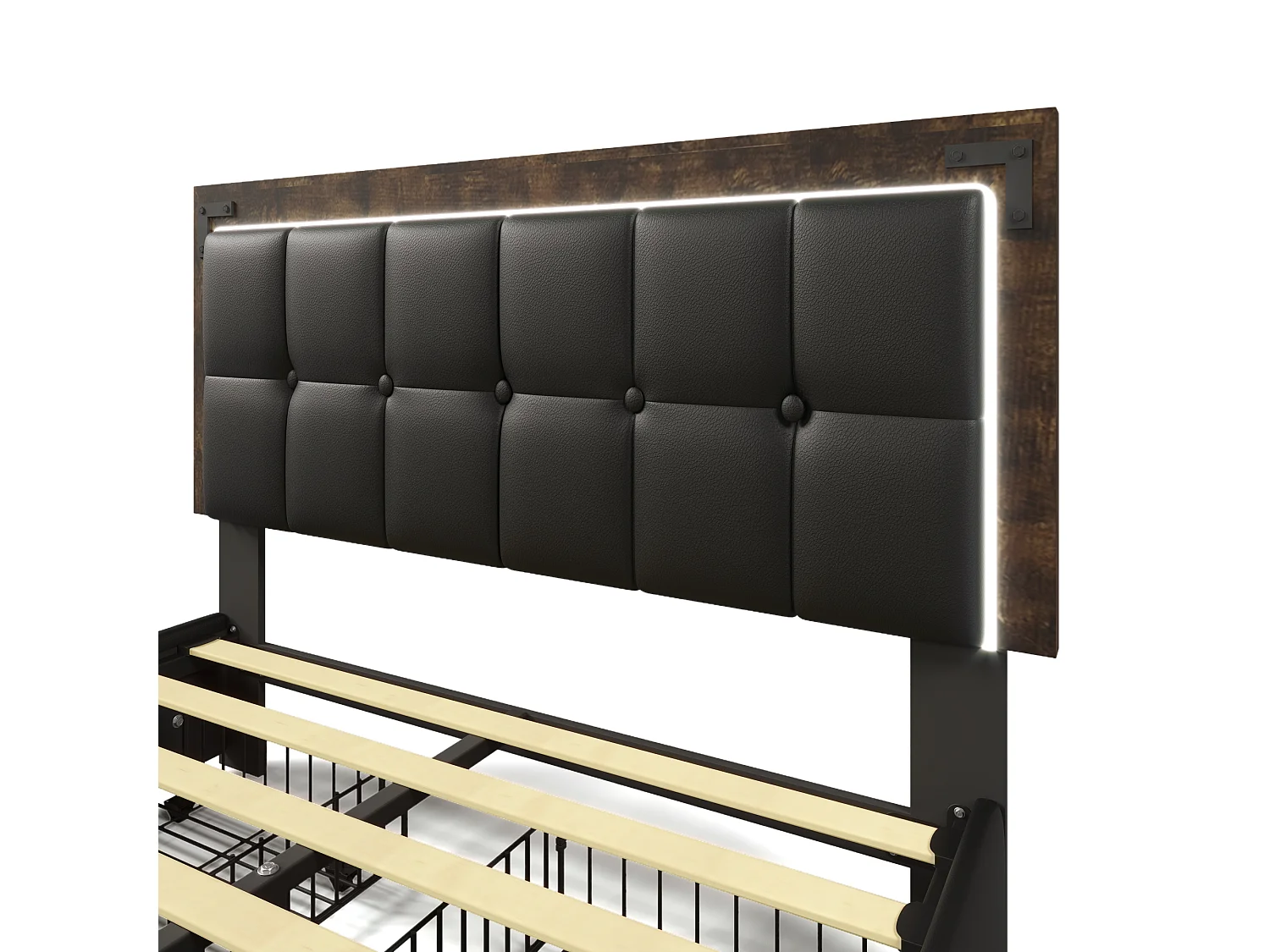 Lit double 140x200 cm - PU noir - Lit adulte avec LED et 4 tiroirs - tête de lit réglable - sans matelas