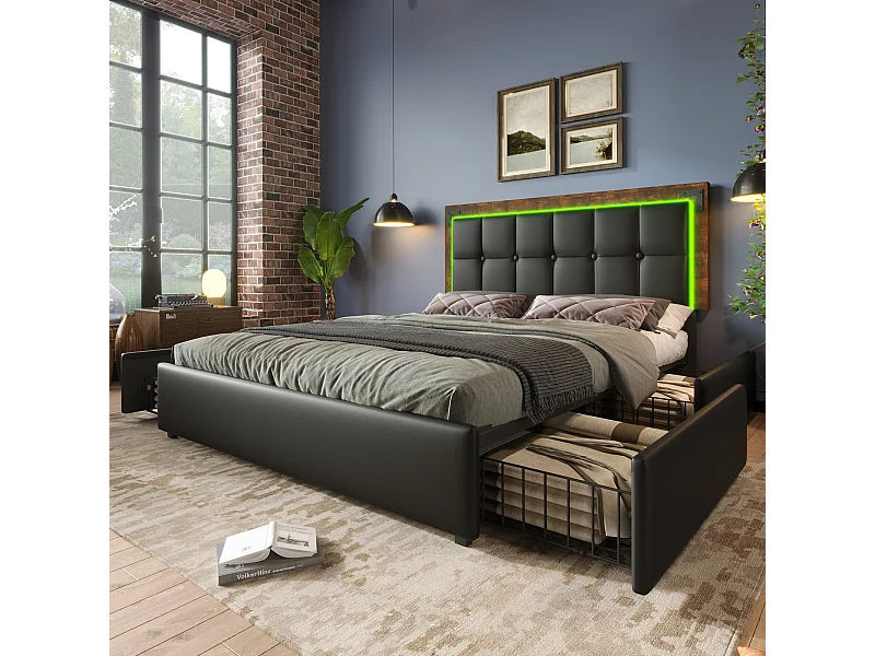 Lit double 140x200 cm - PU noir - Lit adulte avec LED et 4 tiroirs - tête de lit réglable - sans matelas