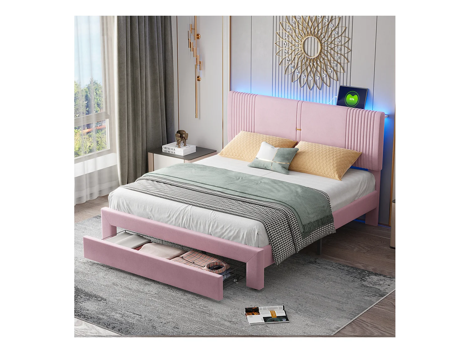 Lit adulte 160x200 cm - velours rose - lit double avec bandeau lumineux et USB - tiroirs de rangement