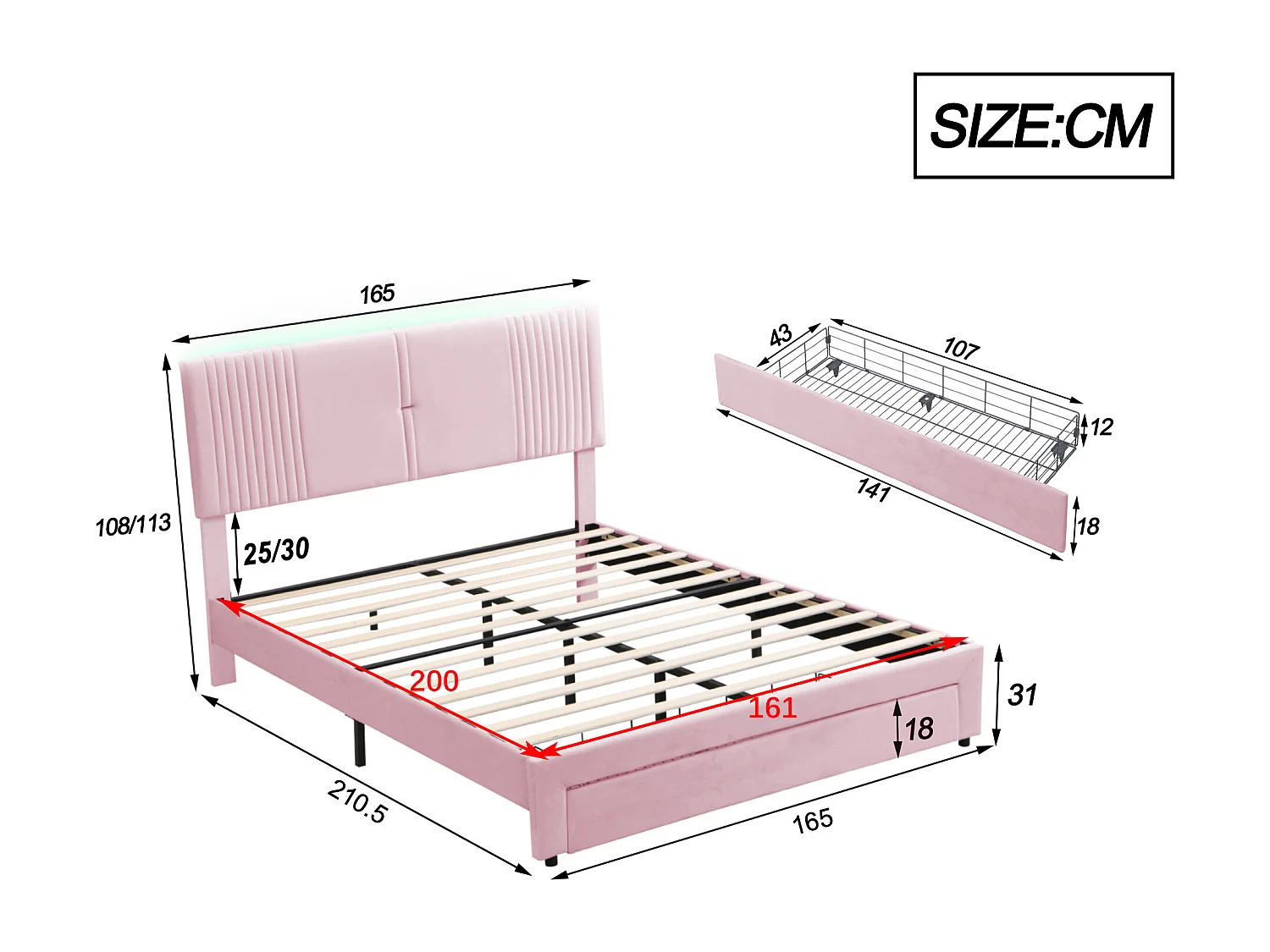 Lit adulte 160x200 cm - velours rose - lit double avec bandeau lumineux et USB - tiroirs de rangement