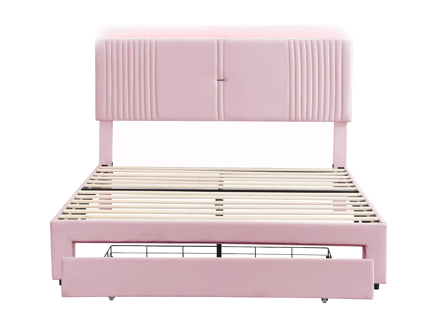 Lit adulte 160x200 cm - velours rose - lit double avec bandeau lumineux et USB - tiroirs de rangement