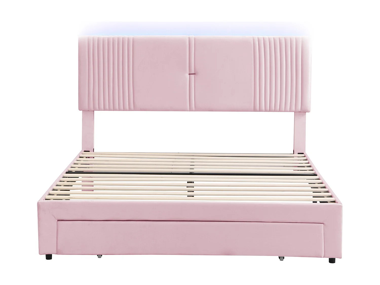 Lit adulte 160x200 cm - velours rose - lit double avec bandeau lumineux et USB - tiroirs de rangement