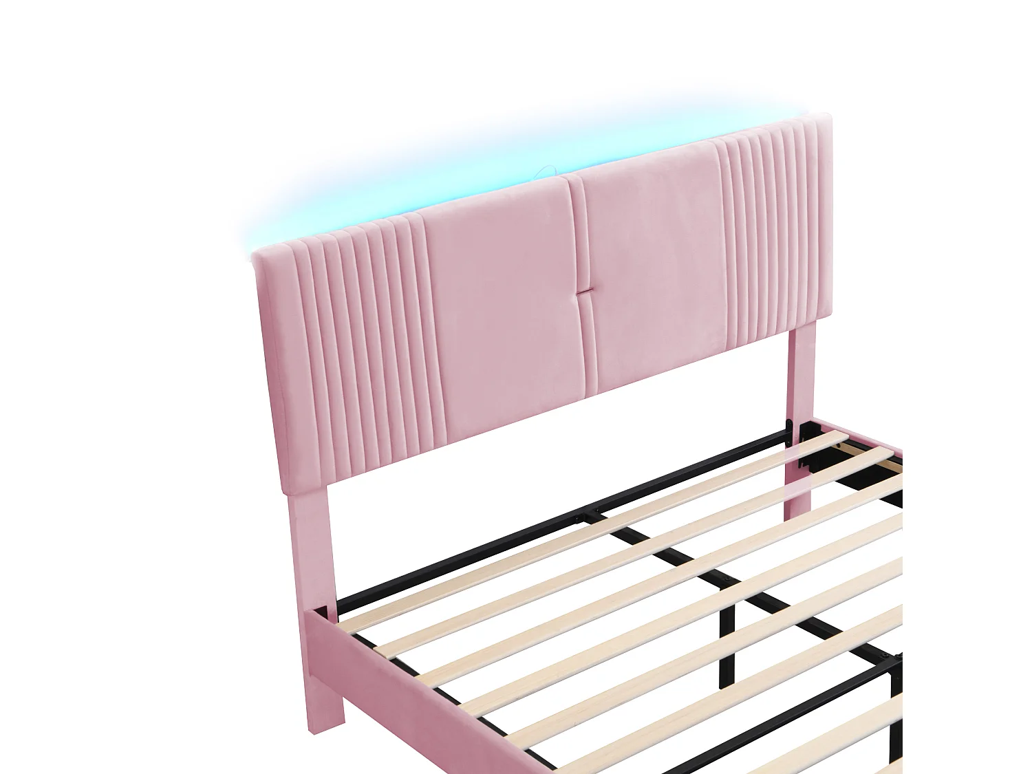 Lit adulte 160x200 cm - velours rose - lit double avec bandeau lumineux et USB - tiroirs de rangement