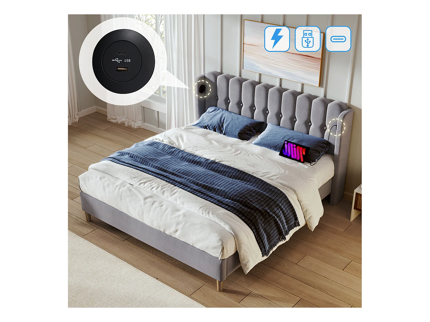 Lit adulte 140x200 cm  - Lit ado avec chargement USB - lin gris - sommier à lattes en bois