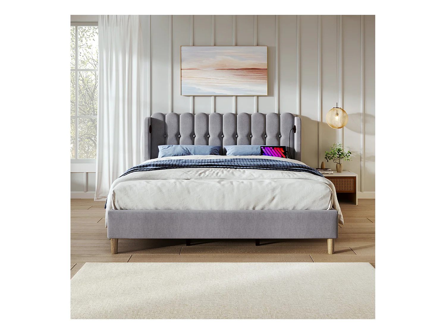 Lit adulte 140x200 cm  - Lit ado avec chargement USB - lin gris - sommier à lattes en bois