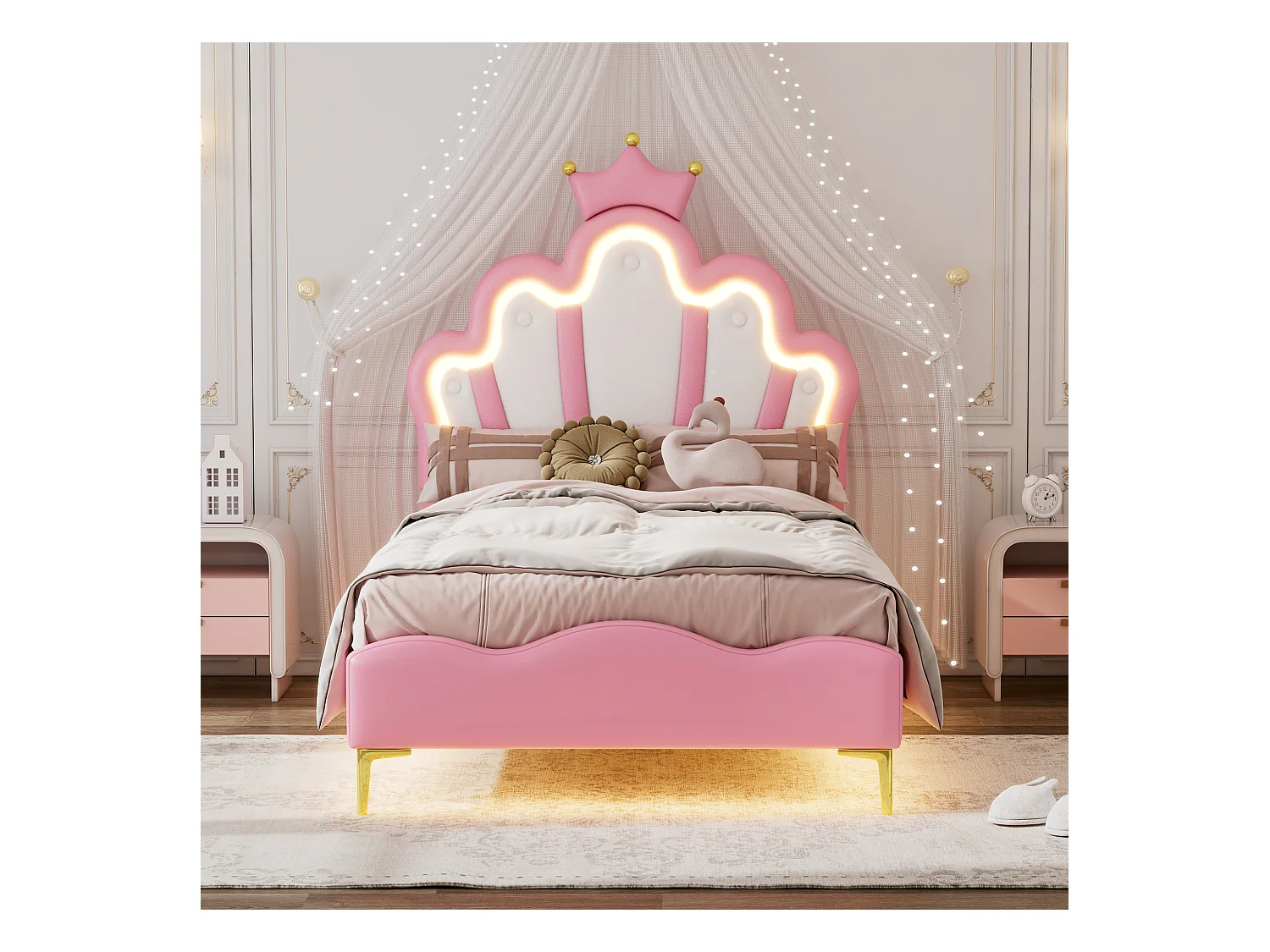 Lit enfant 90x200 cm - Cuir PU rose - Lit simple avec bande lumineuse LED réglable - sans matelas