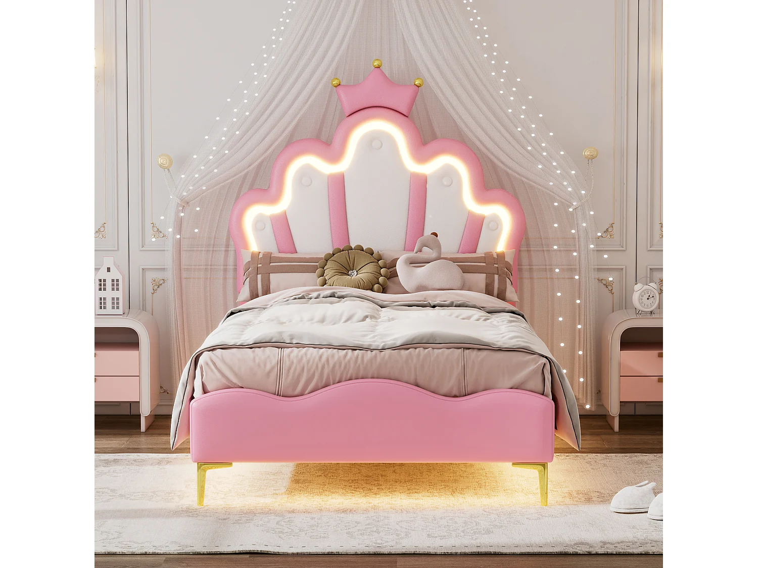 Lit enfant 90x200 cm - Cuir PU rose - Lit simple avec bande lumineuse LED réglable - sans matelas