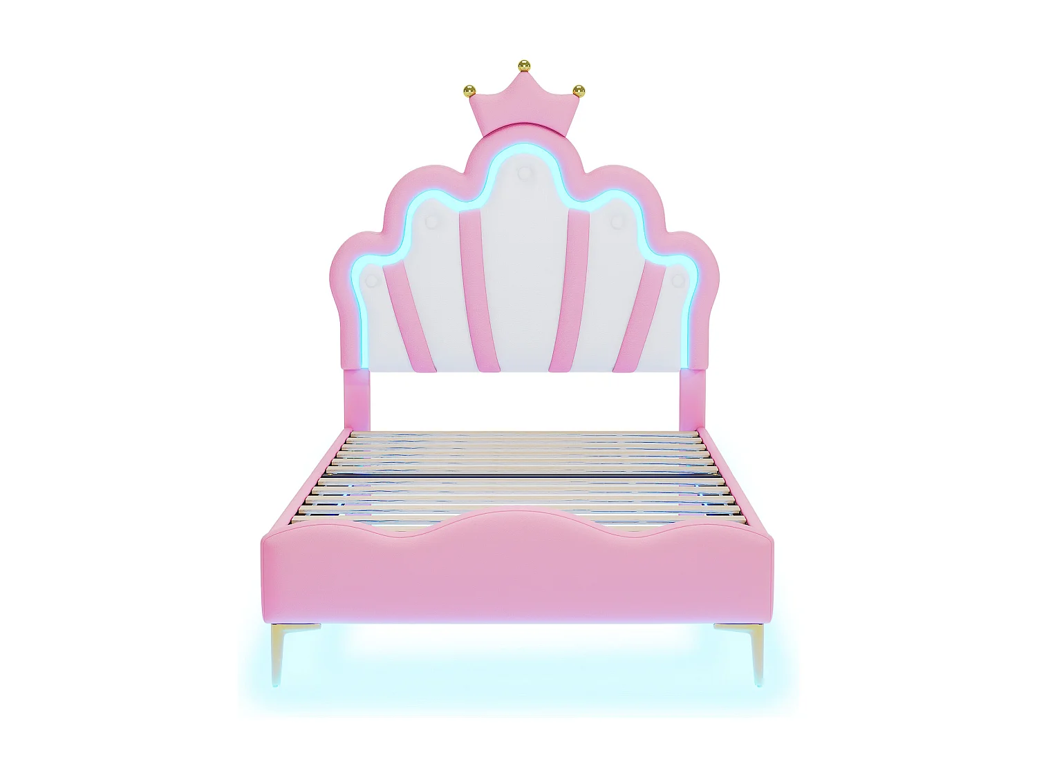 Lit enfant 90x200 cm - Cuir PU rose - Lit simple avec bande lumineuse LED réglable - sans matelas