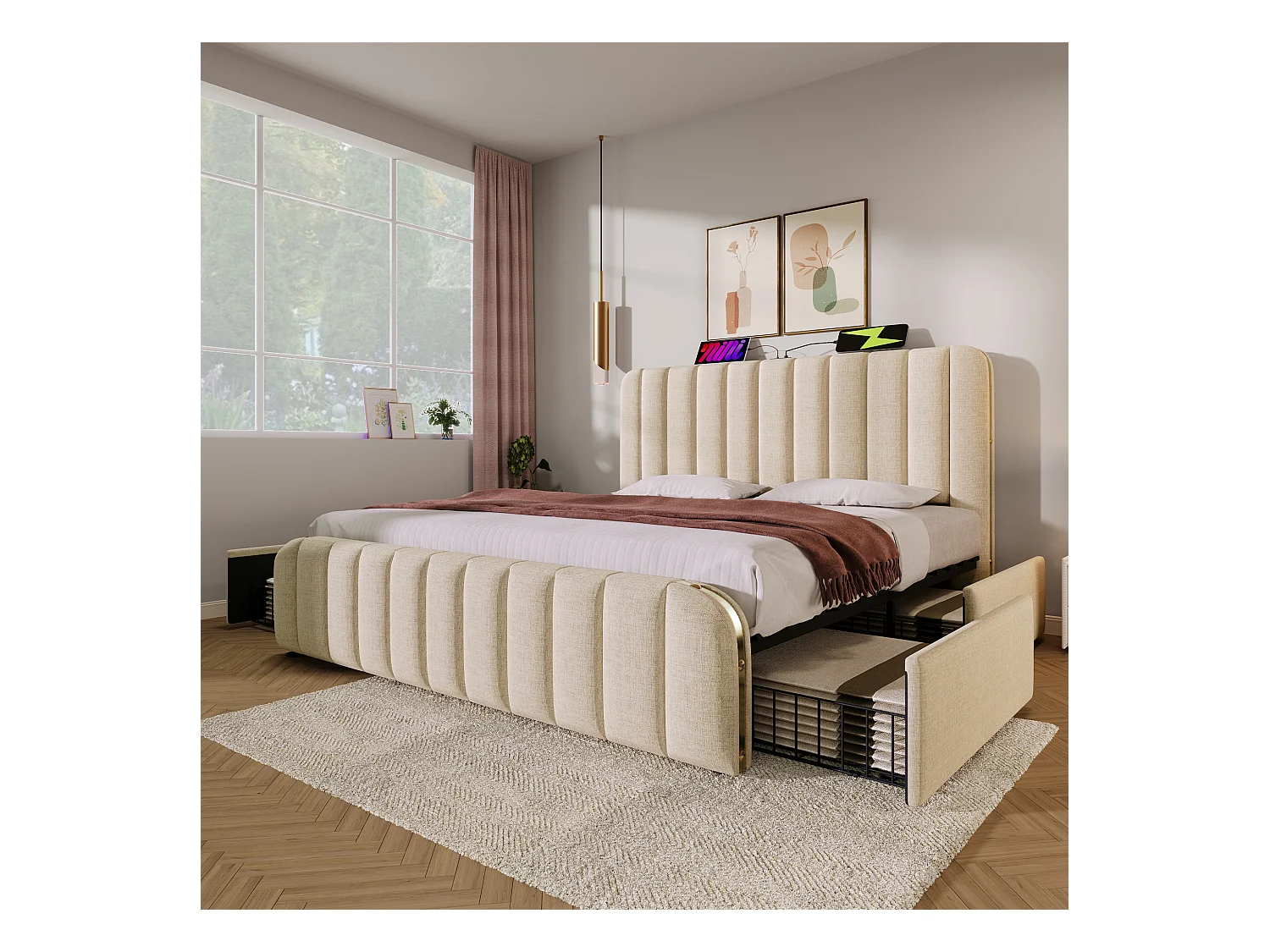 Lit double 180x200 cm - Lit adulte avec 4 tiroirs - chargement USB Type-C - - lin beige sans matelas