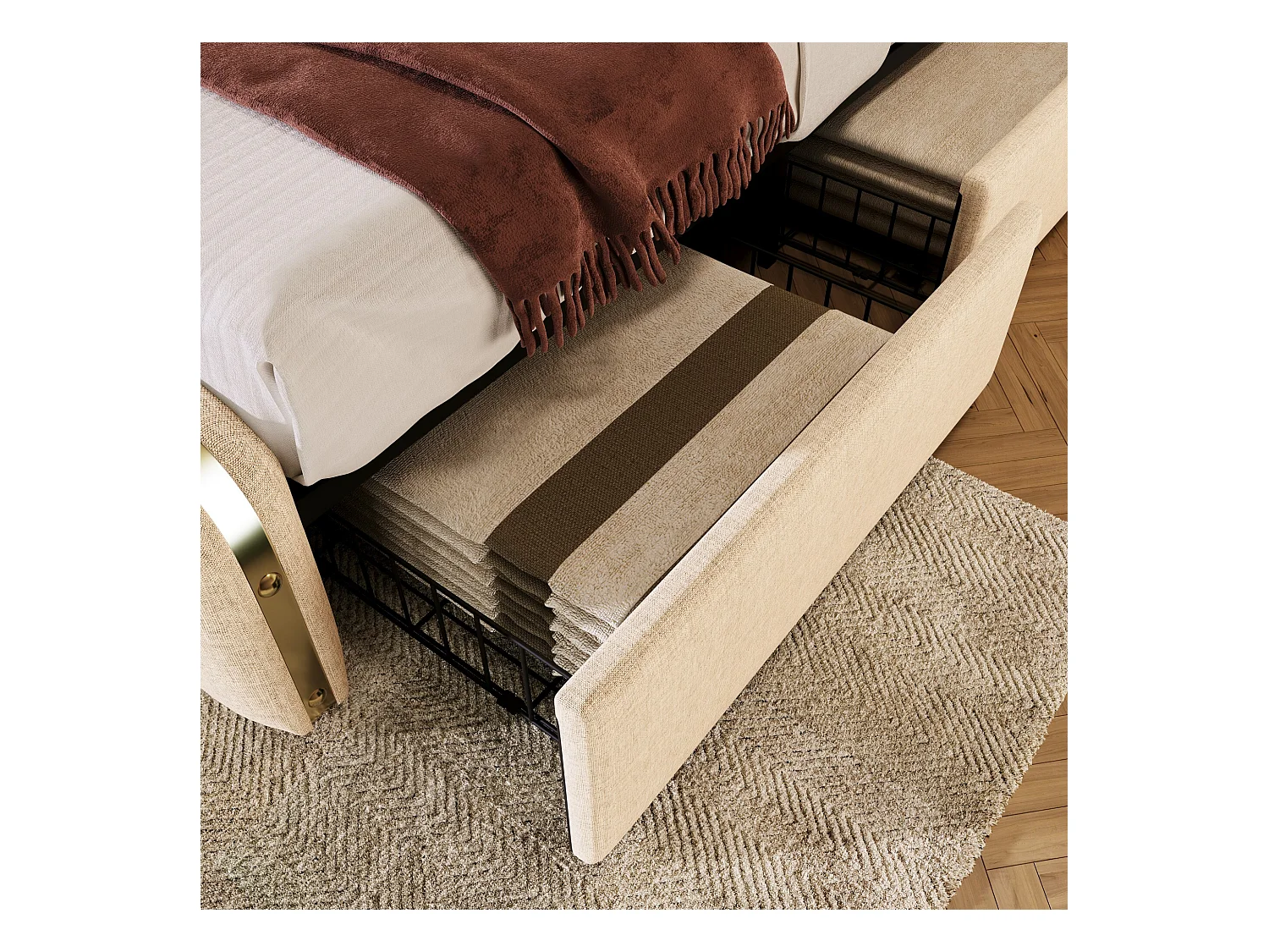 Lit double 180x200 cm - Lit adulte avec 4 tiroirs - chargement USB Type-C - - lin beige sans matelas