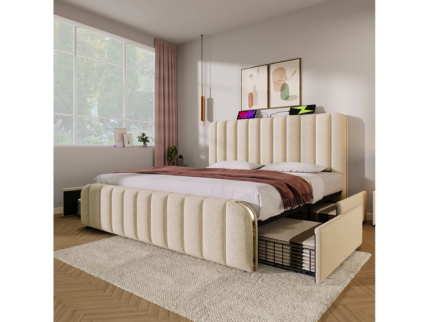 Lit double 180x200 cm - Lit adulte avec 4 tiroirs - chargement USB Type-C - - lin beige sans matelas