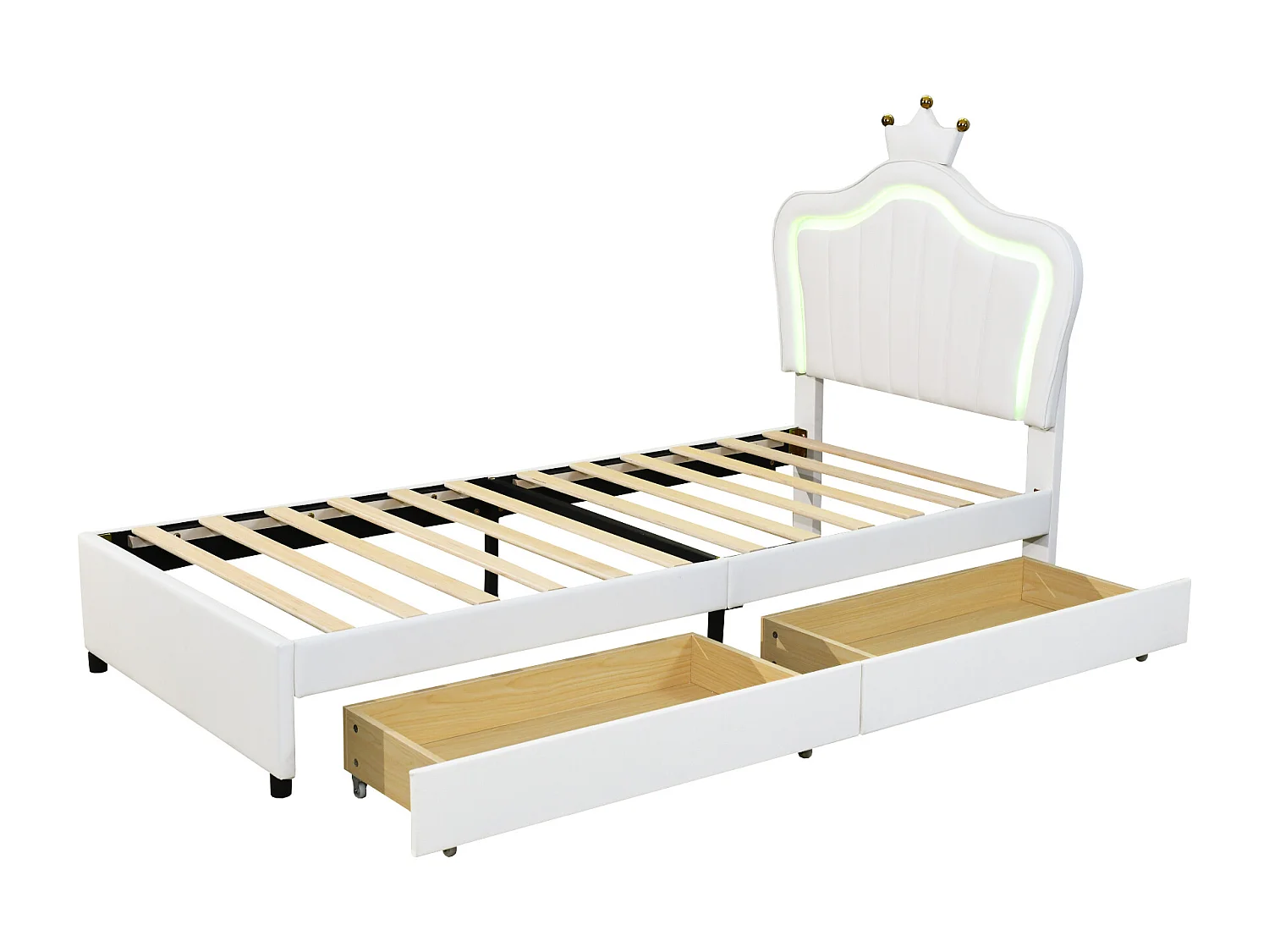 Lit simple 90 x 200 cm - Lit enfant avec tiroir de rangement et éclairage LED - PU blanc