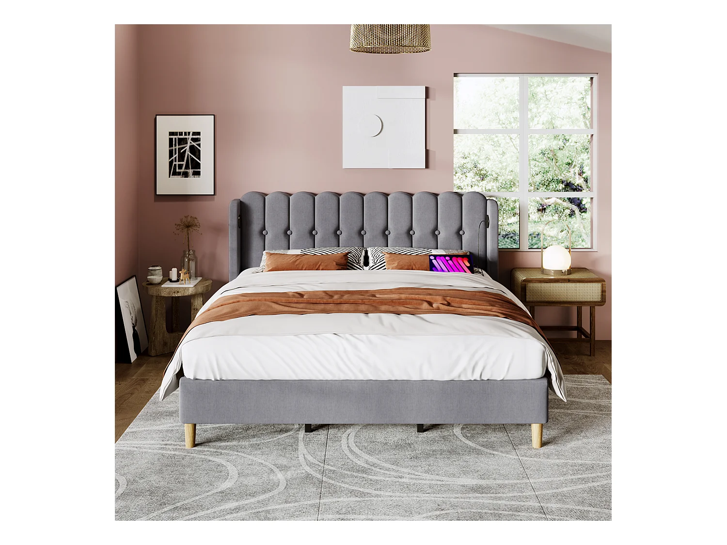 Lit double 180x200 cm - Lit adulte avec recharge USB - lin gris - sommier à lattes en bois