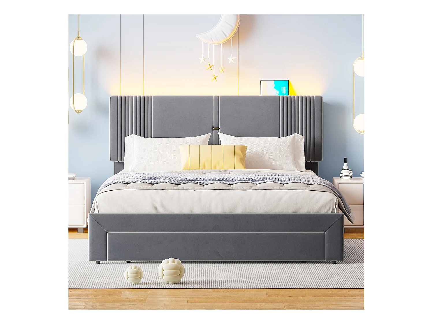 Lit double 160x200 cm - Lit adulte avec bandeau lumineux et USB - Tiroirs de rangement - Velours gris