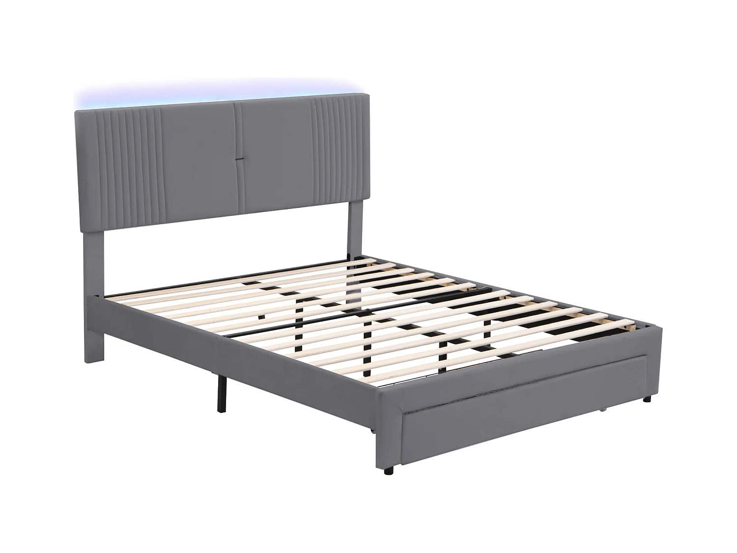 Lit double 160x200 cm - Lit adulte avec bandeau lumineux et USB - Tiroirs de rangement - Velours gris