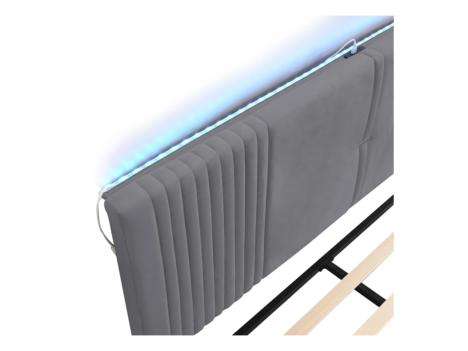 Lit double 160x200 cm - Lit adulte avec bandeau lumineux et USB - Tiroirs de rangement - Velours gris