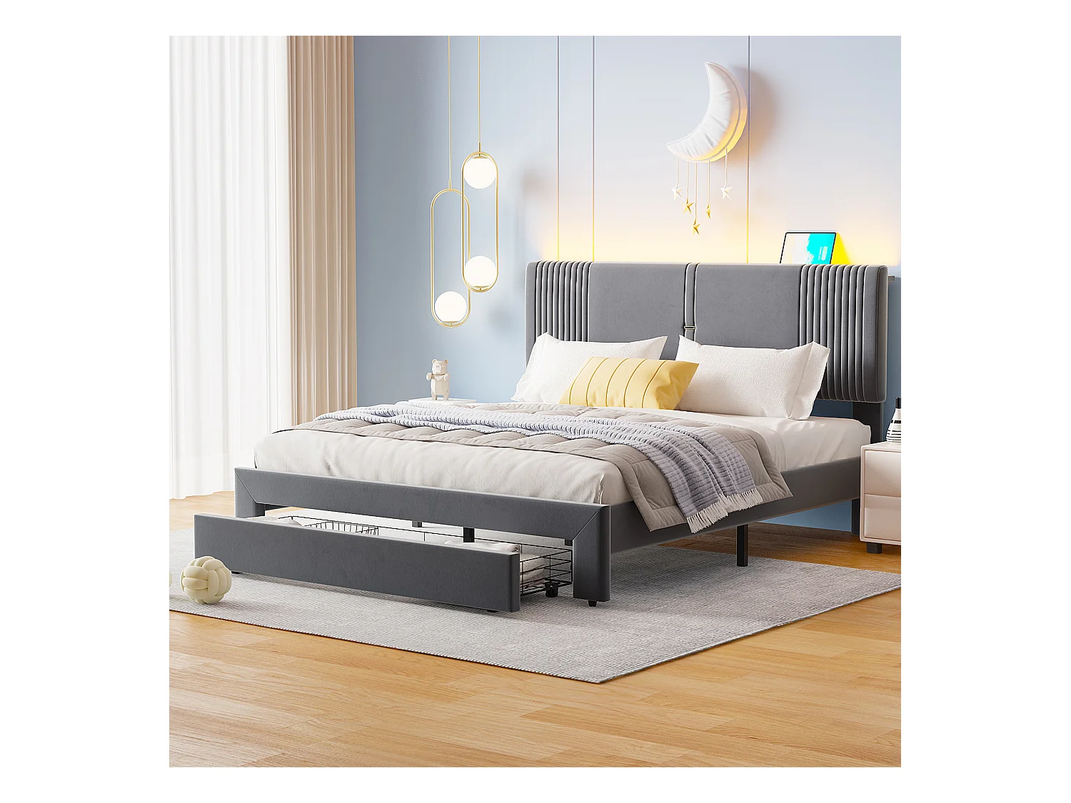 Lit double 160x200 cm - Lit adulte avec bandeau lumineux et USB - Tiroirs de rangement - Velours gris