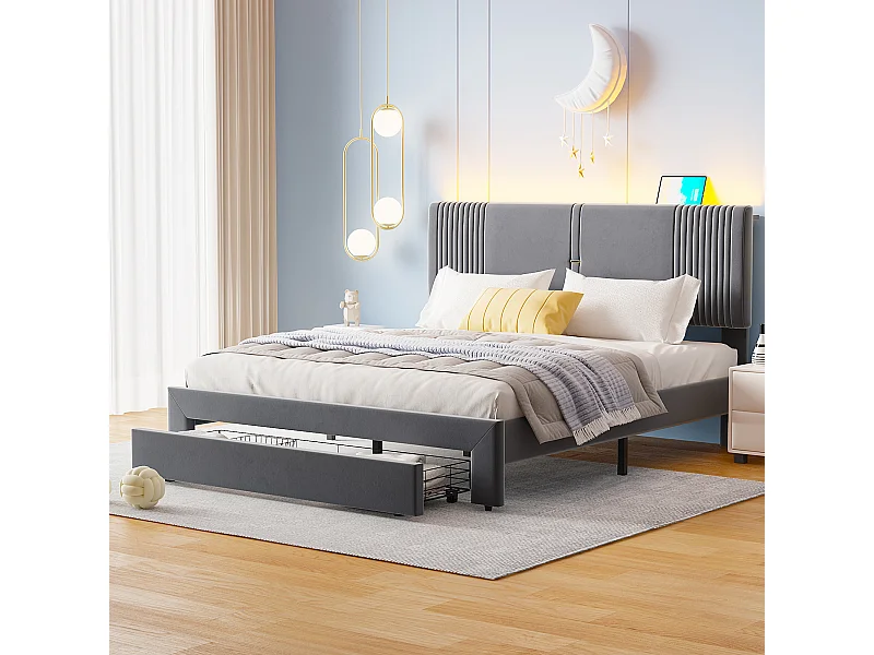 Lit double 160x200 cm - Lit adulte avec bandeau lumineux et USB - Tiroirs de rangement - Velours gris